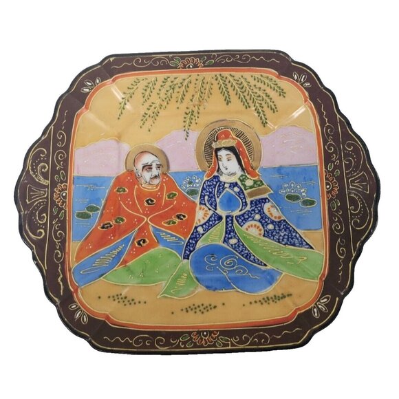 Antique Rakan Immortals Porcelain Gold Etched Japanese Satsuma Plate Hand Panted - Picture 1 of 7